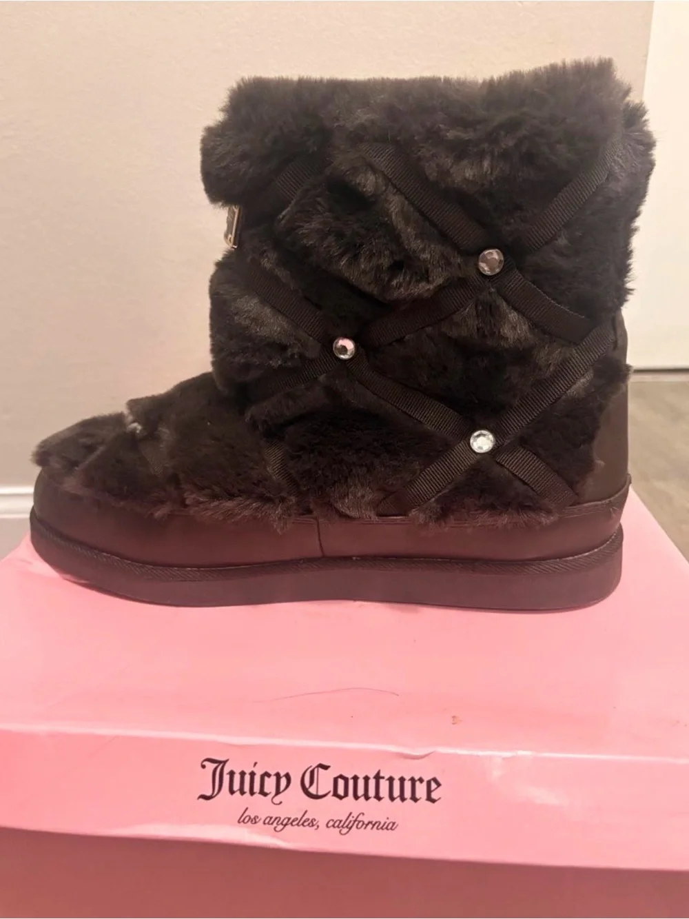 Juicy Couture Dark Brown Faux Fur Winter Boots with Logo Plaque